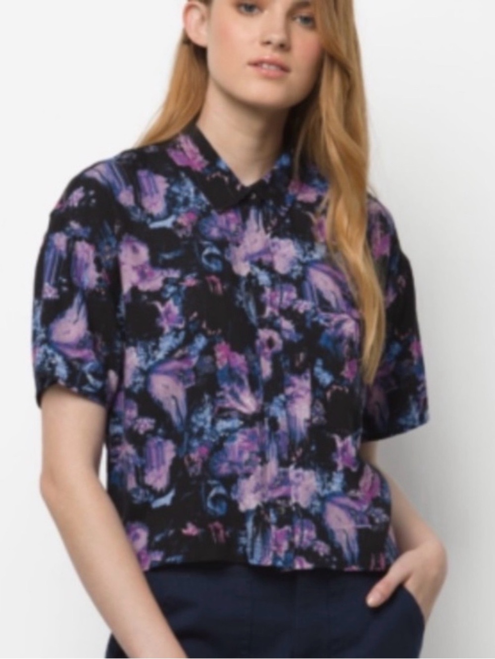 Vans Black Short Sleeve Button-Up with Purple & Blue Floral Print